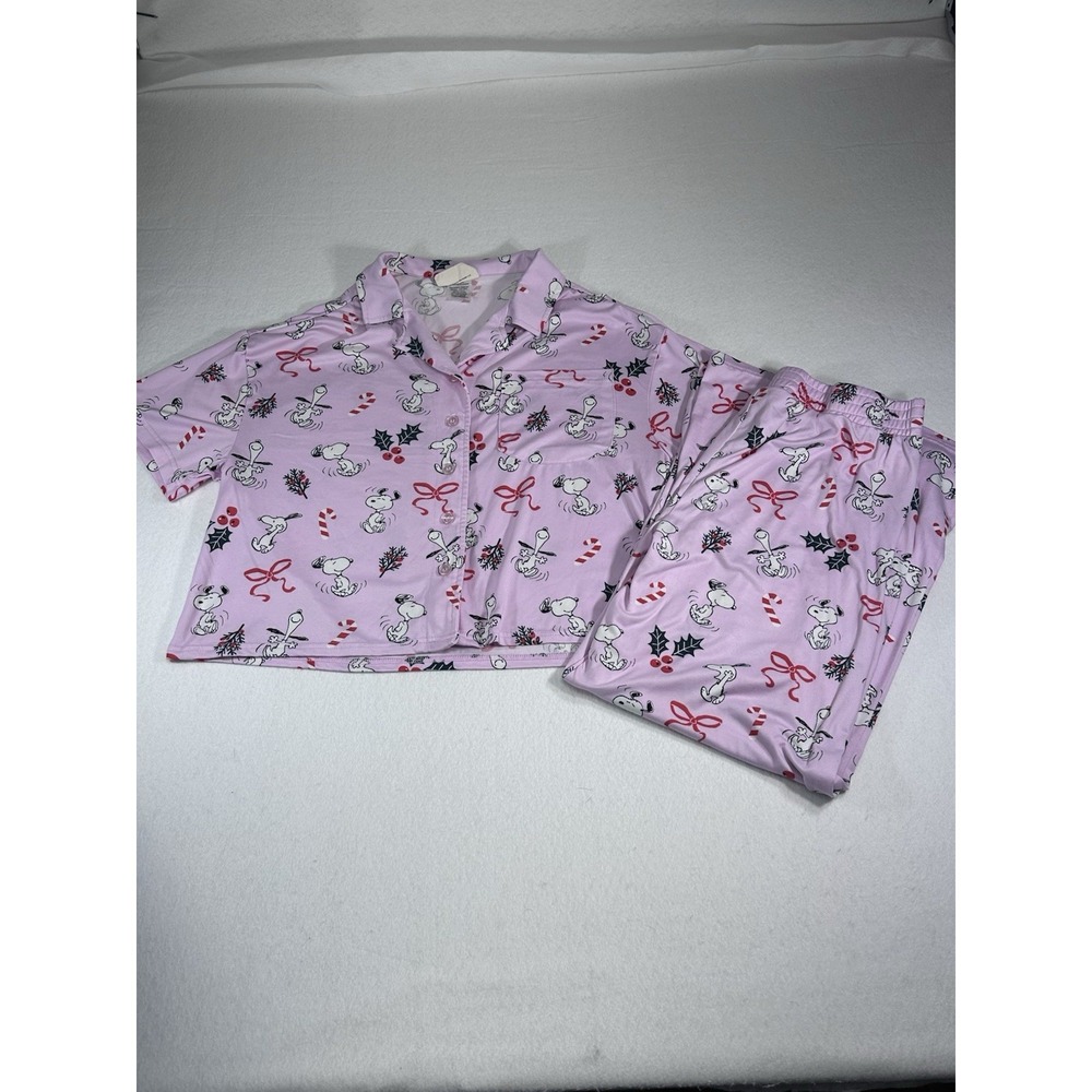 Munki Munki Peanuts Snoopy Christmas Pajama Set Women's M Pink Holiday Winter